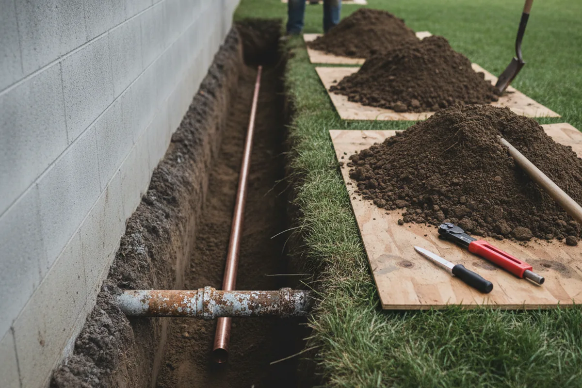 Excavated water line trench during Water Heater Repair in Carlsbad